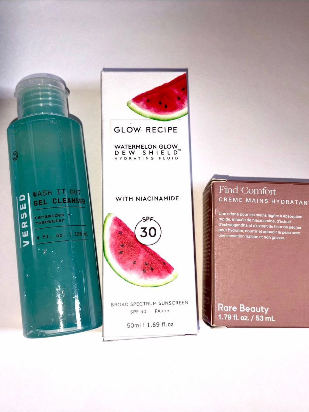 3 PC Beauty Lot: Glow Recipe Sunscreen, Rare Beauty Hand Cream, Versed Cleanser